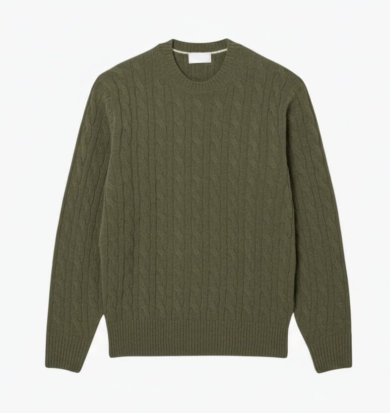 Cable Knit Carded Wool Crew Neck Sweater
